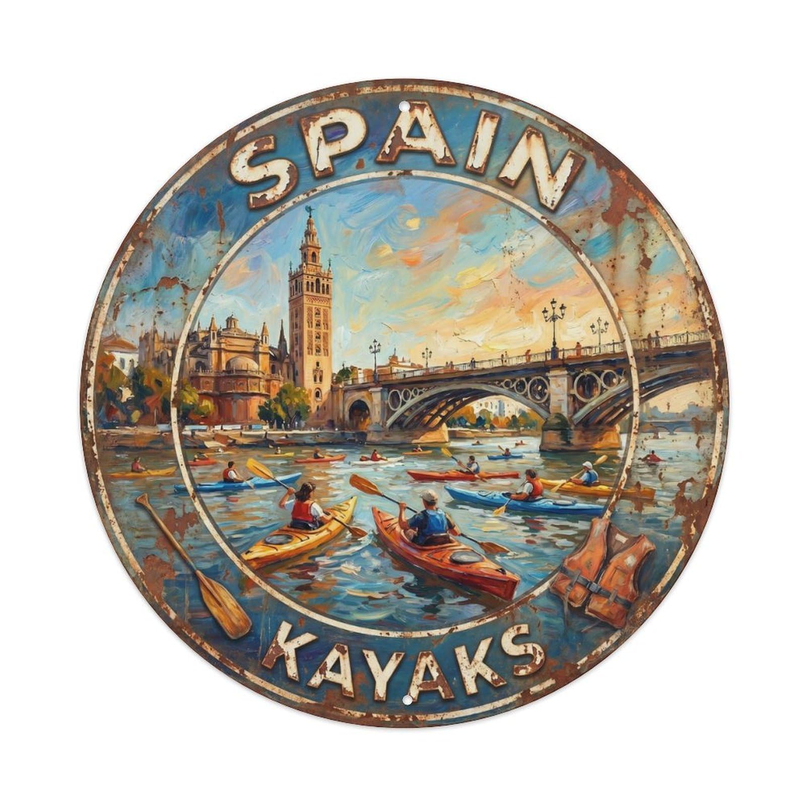 Seville Kayaks Spain Sports Landmark Expressionist Metal Tin Sign