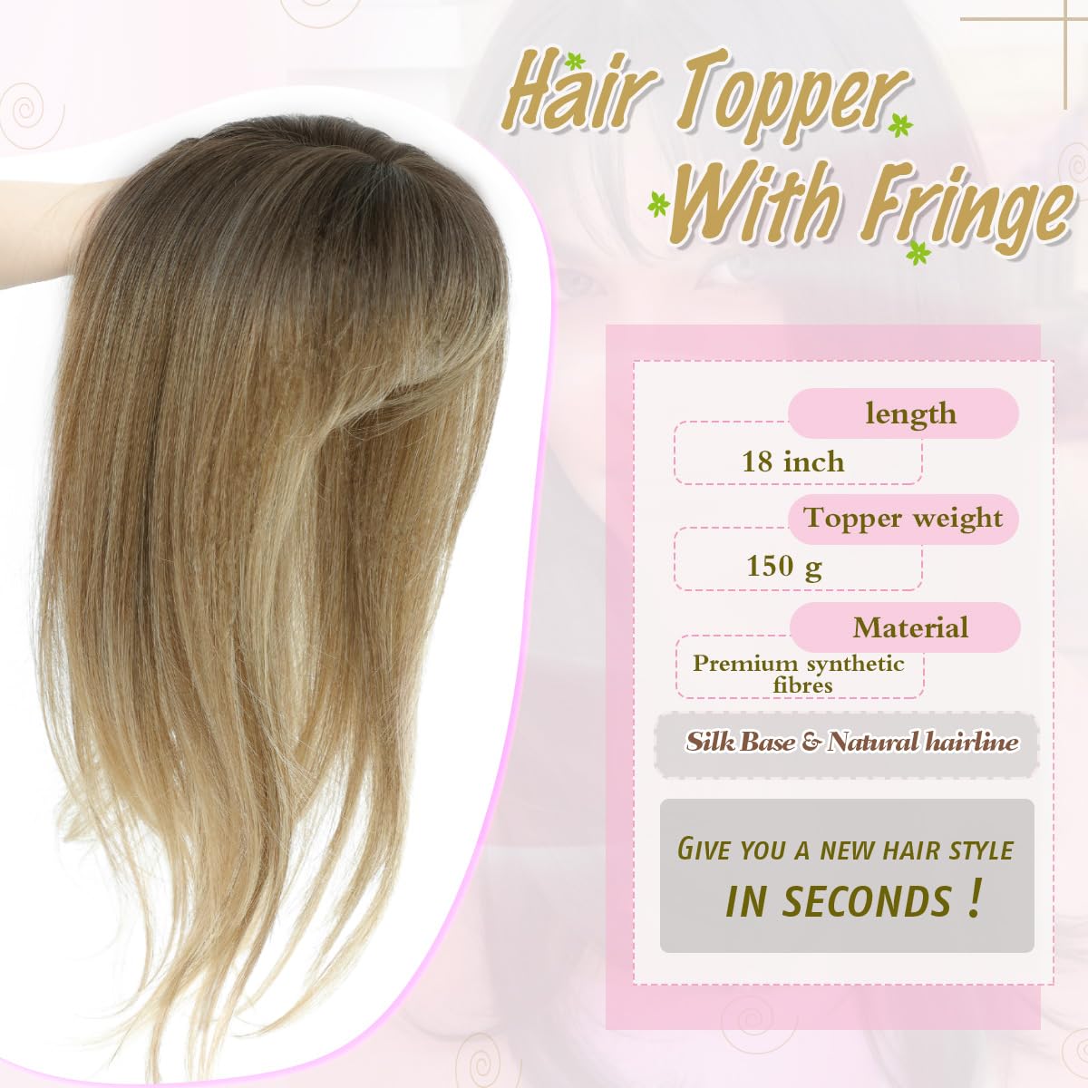 Hair Topper 18 inch Toppers Hair pieces for Women with Thinning hair 4"×5" Comfortable Base Hairtopper Clip in Bangs