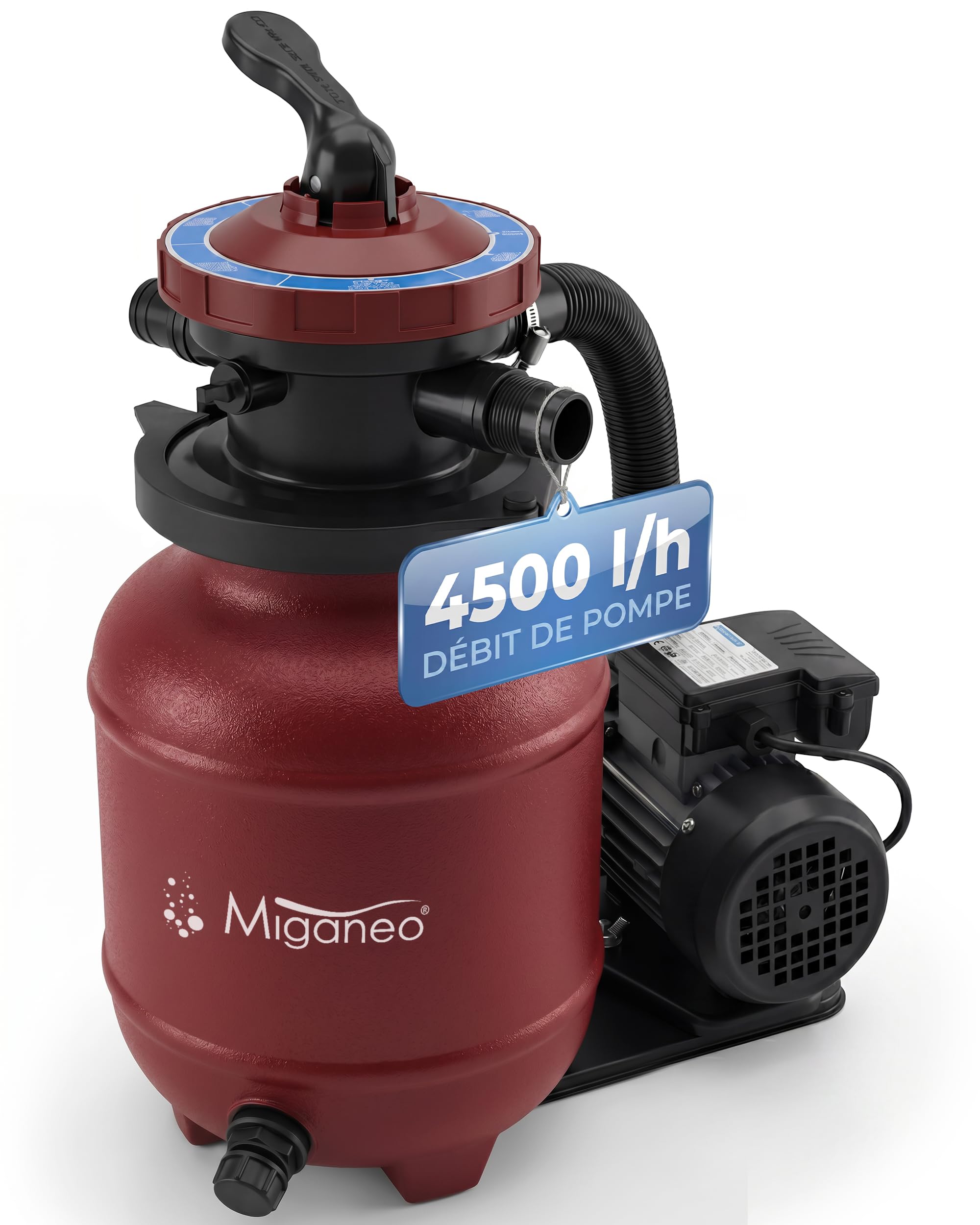 Miganeo Speed Clean Dynamic 6500 Système de filtration à sable Rouge Puissance de la pompe 4 500 l/h Capacité du filtre 3 900 l/h Système de filtration pour piscines jusqu'à 19 000 litres Économie