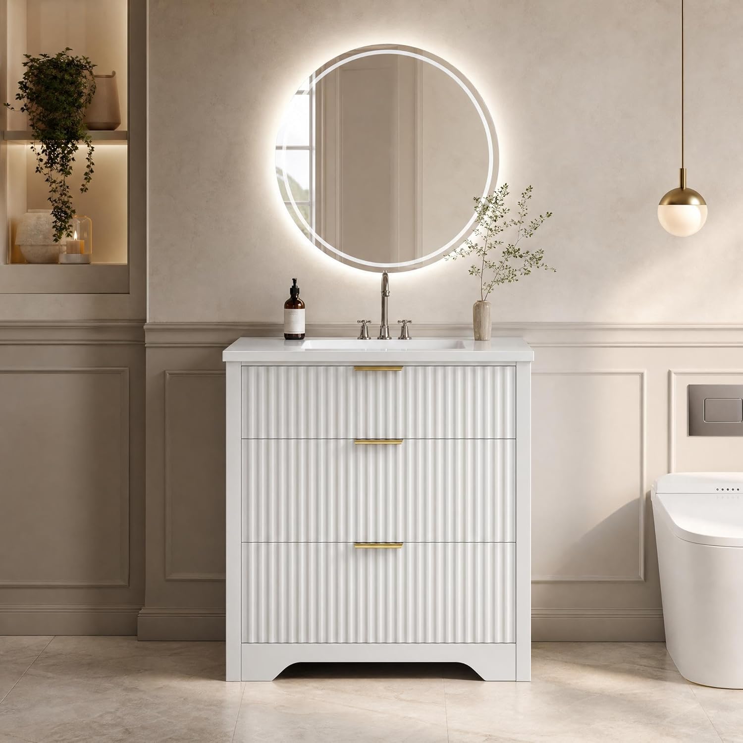 GarveeHome 30 Inch Bathroom Vanity with Sink, Fluted Freestanding Vanity Cabinet with 2 Drawers and 1 Flip-Down Drawer, Ceramic Basin Vanity Combo Set for Small Bathroom，White