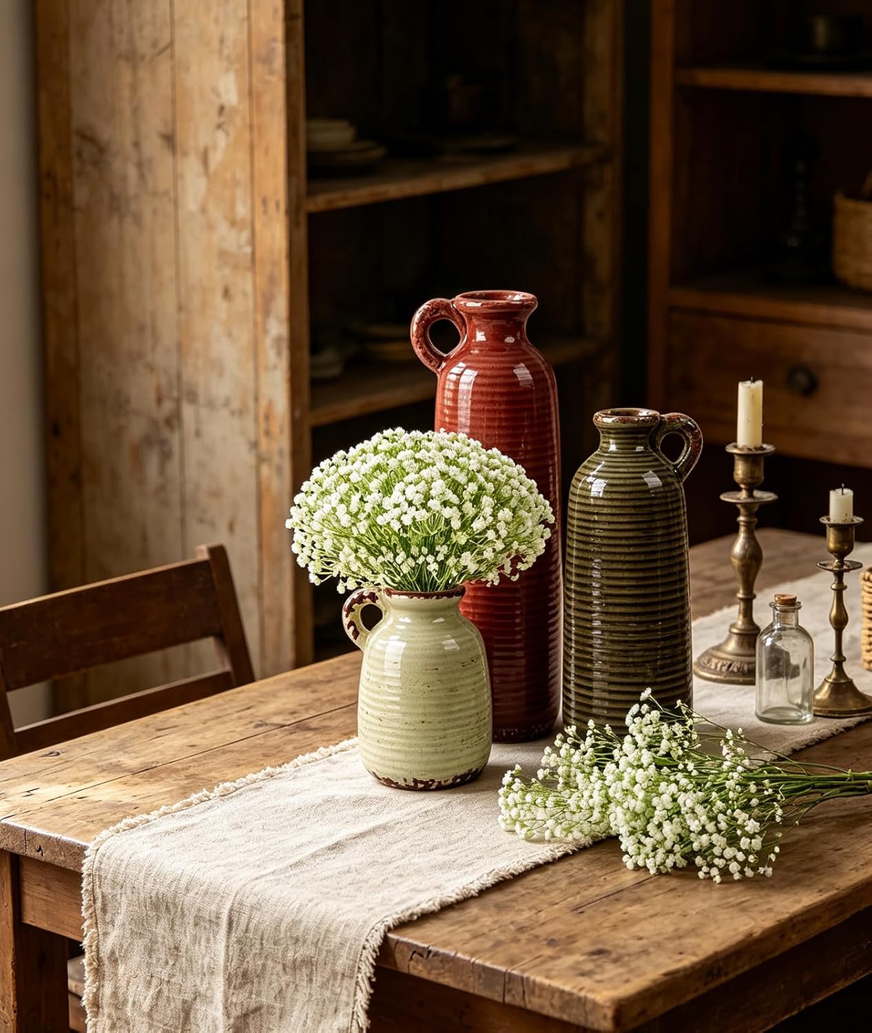 Farmhouse Decor Vase with White Artificial Flowers, Modern Rustic Ceramic Vase for Table Decor, Boho Home Decor for Living Room, Dining Table, Entryway, Bathroom, Ideal Housewarming Gift image 2