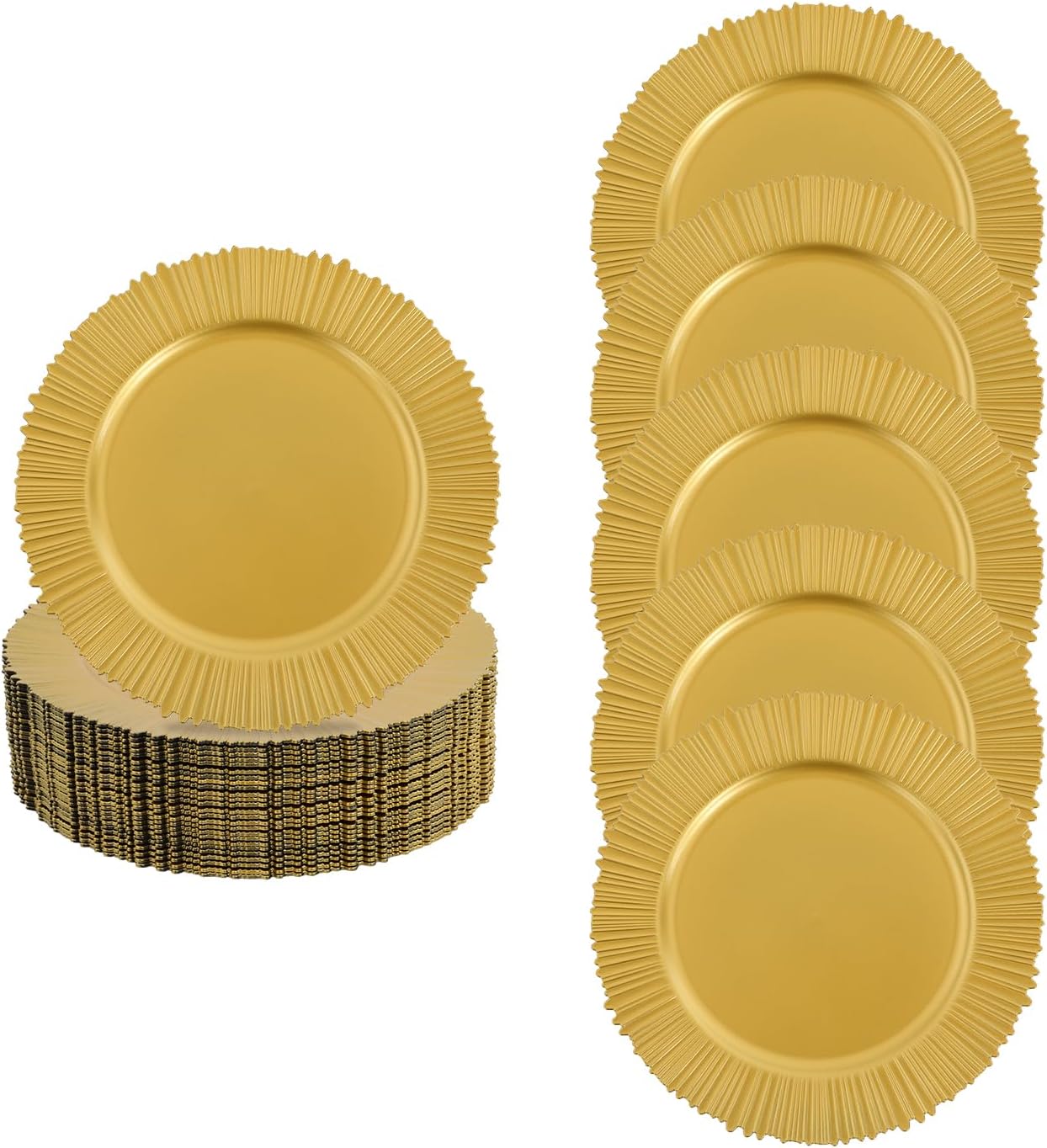 CNCEST 100 Pcs Antique Charger Plates Bulk 13 Inch Plastic Embossed Plate Chargers Round Floral Plates for Wedding Decorative Chargers for Table Dinner Kitchen Party Decoration(Gold,100PCS)