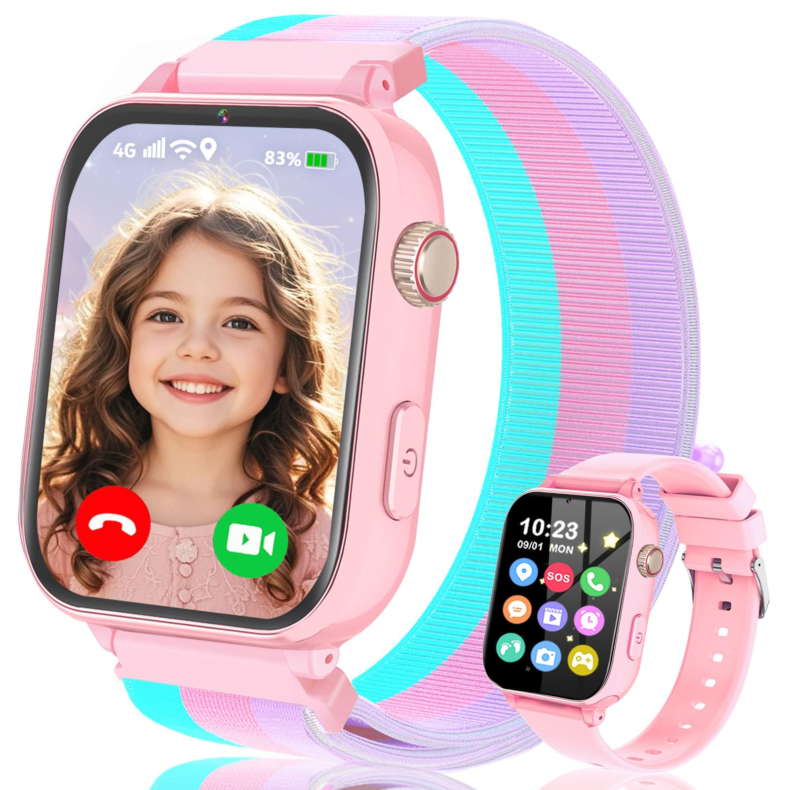 Ucani 4G Orologio Smartwatch Bambini, Orologio Intelligente con GPS, SOS, Telefono/Chat/Videochiamata, Modalità Scuola, Contapassi, Sveglia, Gioco Smart Watch Ragazza Ragazzo 4-12 Anni Regalo, Rosa