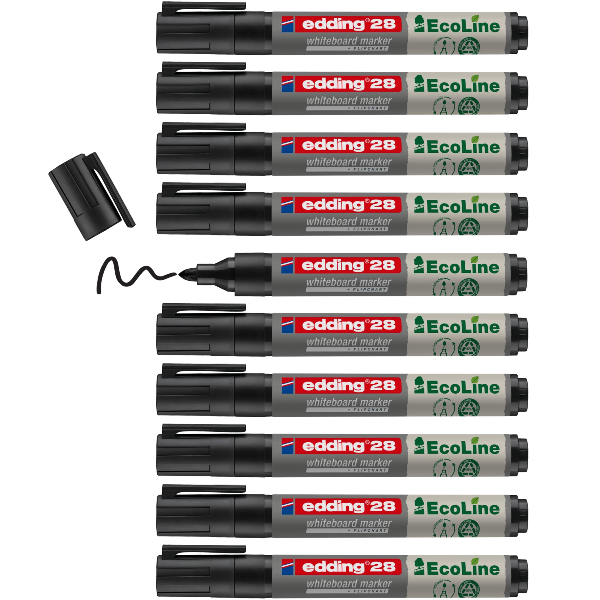 edding 28 Ecoline whiteboard marker - black - box of 10 whiteboard pens - round tip 1.5-3 mm - whiteboard pen dry wipe - for whiteboards, flipcharts, pinboards, memo boards - sketchnotes - refillable