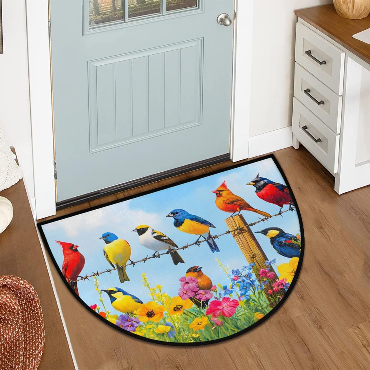 Front Door Mat Indoor Outdoor Entrance, Spring Summer Birds Flower Half Round Door Mat Absorbent Non-Slip Backing Welcome Doormat Patio Entryway Low Profile Floor Mats for Kitchen Fireplace 36" x 24"