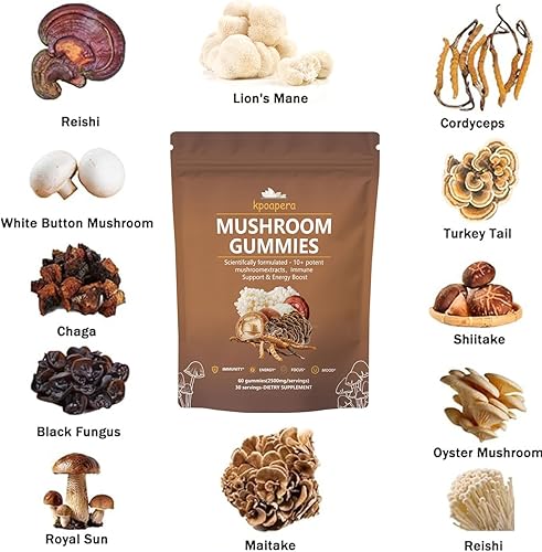 Miniatura 4 de Gomitas de hongos, más de 10 extractos de hongos potentes, apoyo inmunológico y refuerzo de energía, para hombres y mujeres, veganas, 60 gomitas
