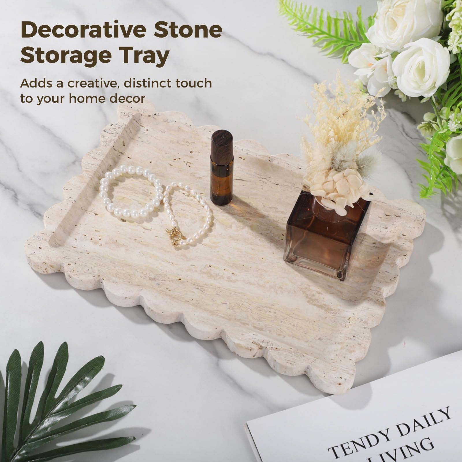 Bandeja decorativa de travertino, bandeja rectangular de piedra natural festoneada para joyas, perfumes, cosméticos, 12 x 8 pulgadas