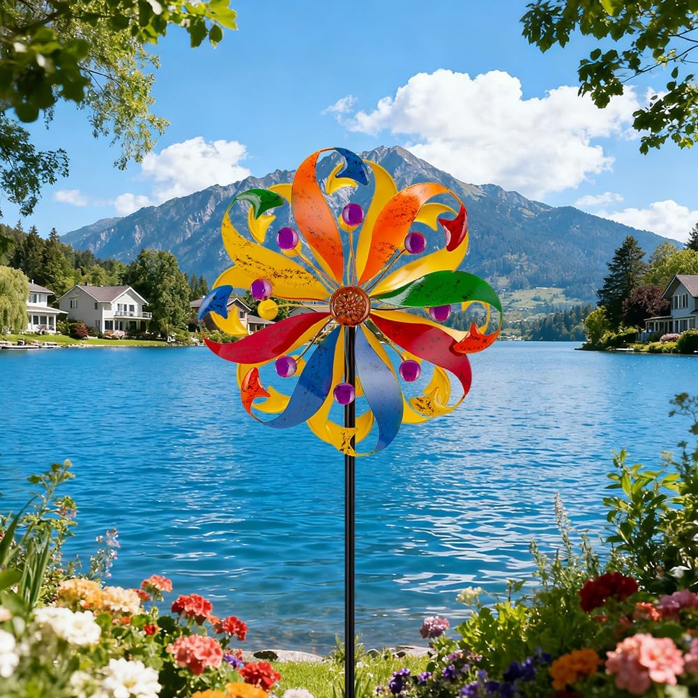 DREAMYSOUL Wind Spinners Outdoor, 13" Dia Colorful Petals Metal Garden Wind Spinner, Kinetic Wind Sculptures & Spinners for Yard Lawn Patio Decor