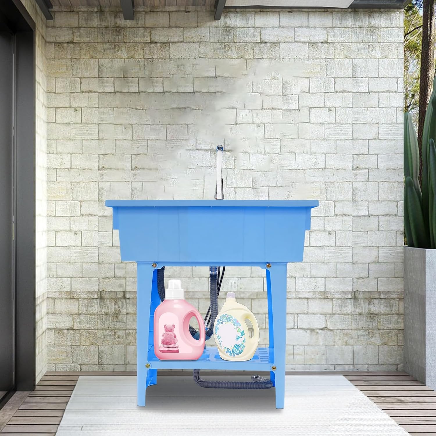 Home Utility Sink Laundry Tub for Washing Room, Freestanding Laundry Sink With Washboard, Laundry Utility Sink With Faucet for Garage or Kitchen, Indoor & Outdoor Utility Tub (Blue)