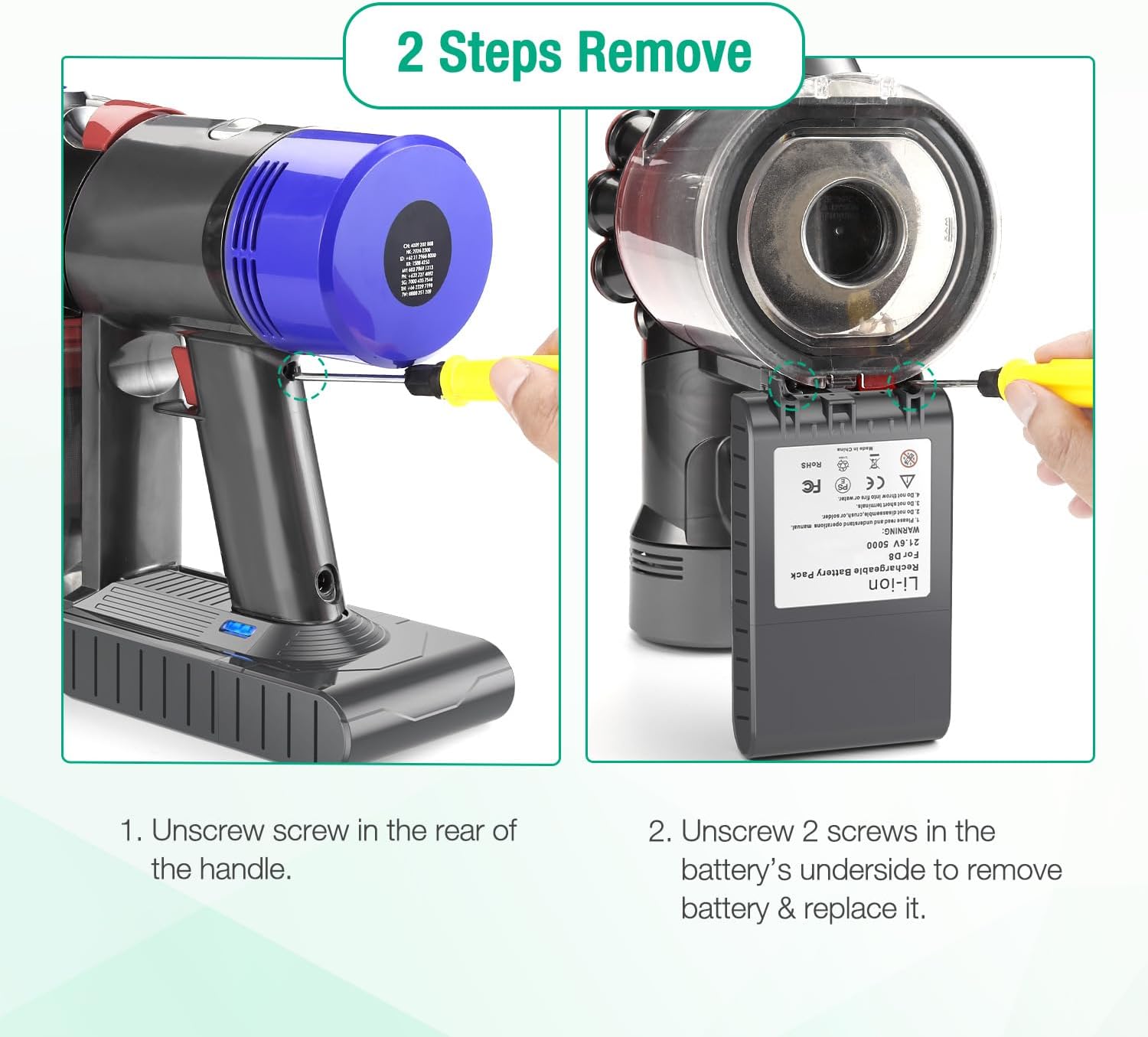 Two images showing the steps to remove and replace the V8 battery: unscrewing the rear handle screw and unscrewing two screws on the battery's underside.