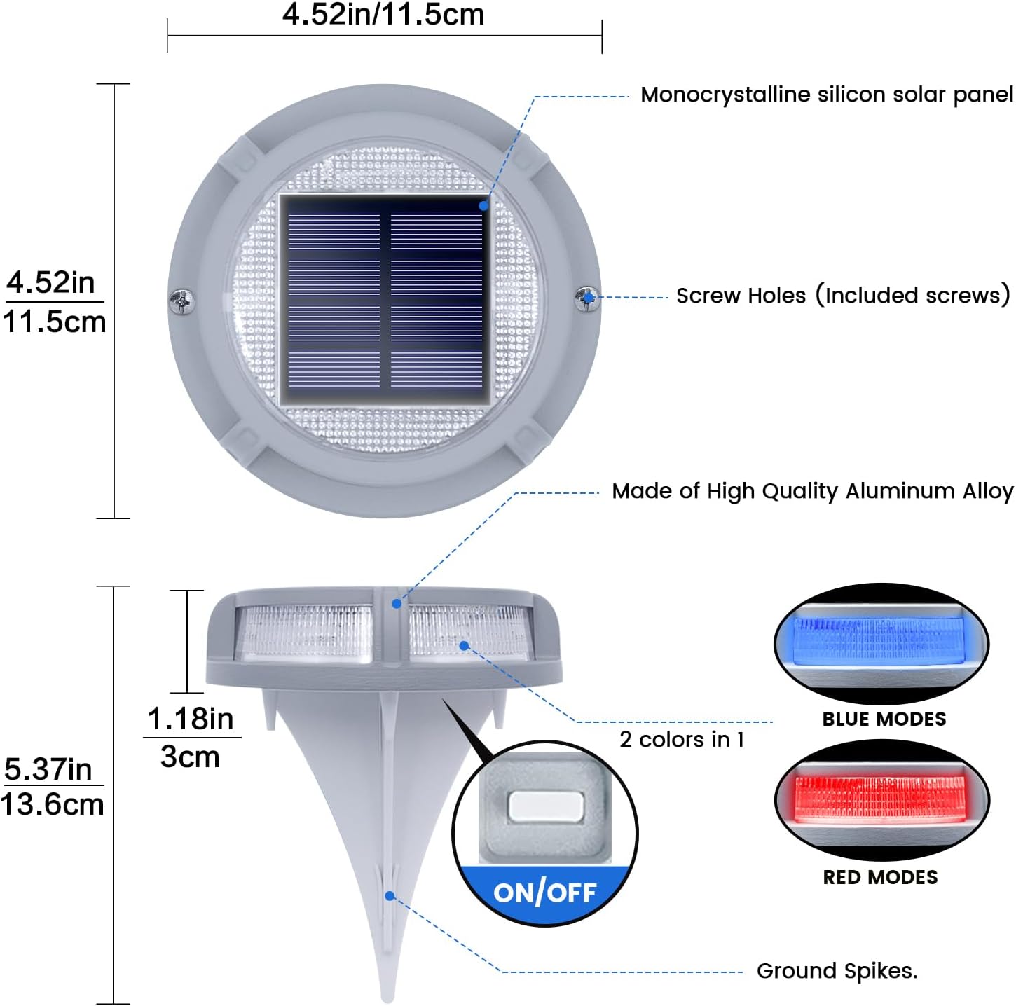SIEDiNLAR Solar Deck Lights Outdoor 2 Modes 16 LEDs Driveway Markers Dock Light Solar Powered Waterproof for Ground Step Stair Pathway Walkway Garden Yard Road 4 Pack (Blue/Red)