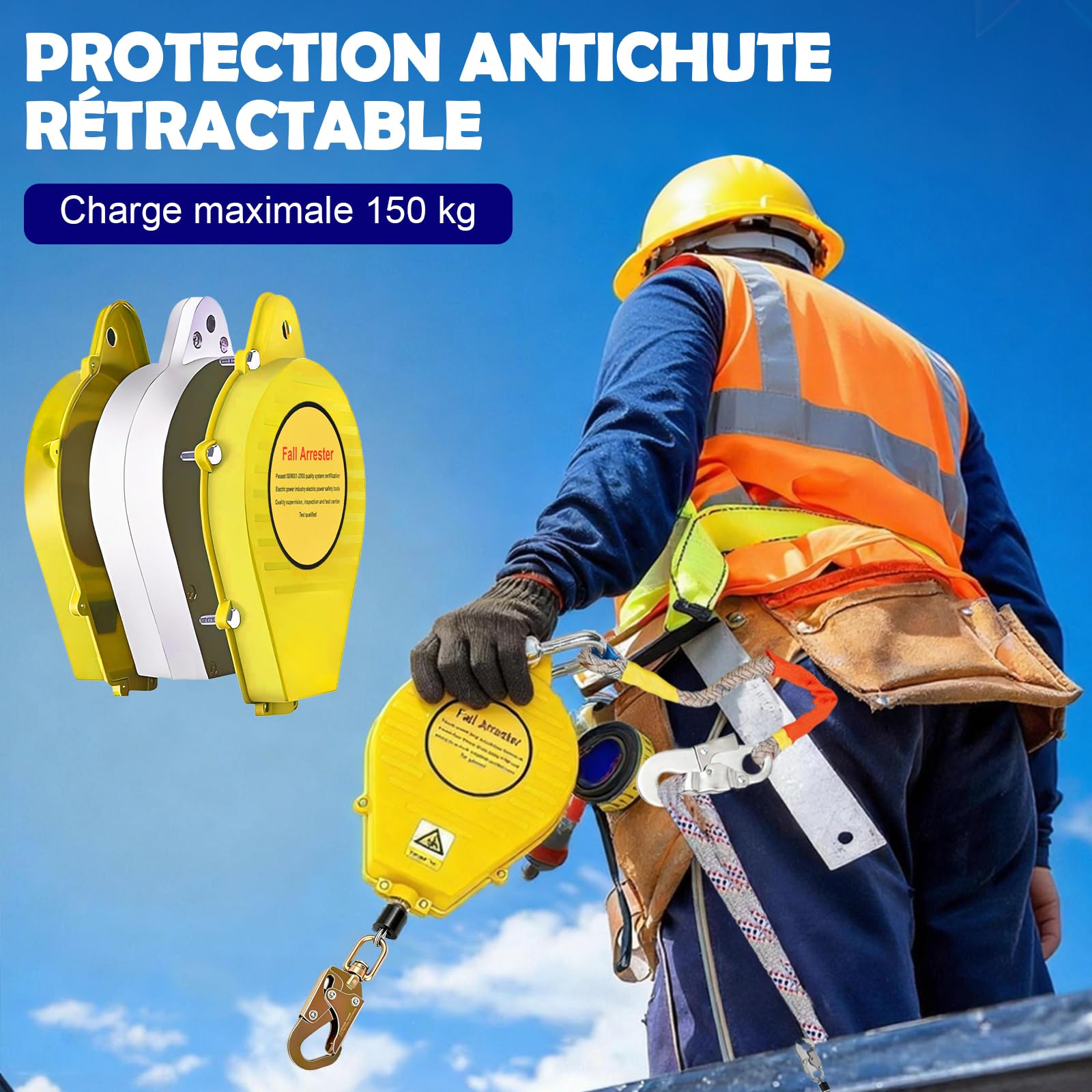 Dispositif Antichute à Rappel Automatique 10m 150kg (Jaune) | Harnais de Sécurité Anti Chute avec Crochet 360° , Dispositif Stop Chute Rétractable pour Travaux en Hauteur sur Toiture
