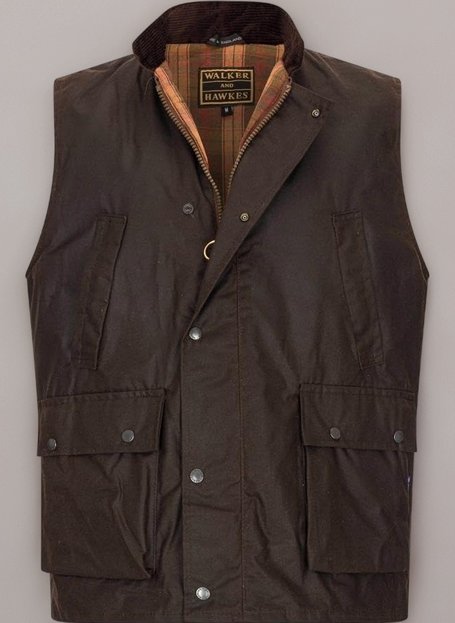WALKER AND HAWKES - Men's Winchester Multi Pocket Waxed Cotton Gilet Outdoor Camping Waistcoat Hiking Travelling Jacket Brown
