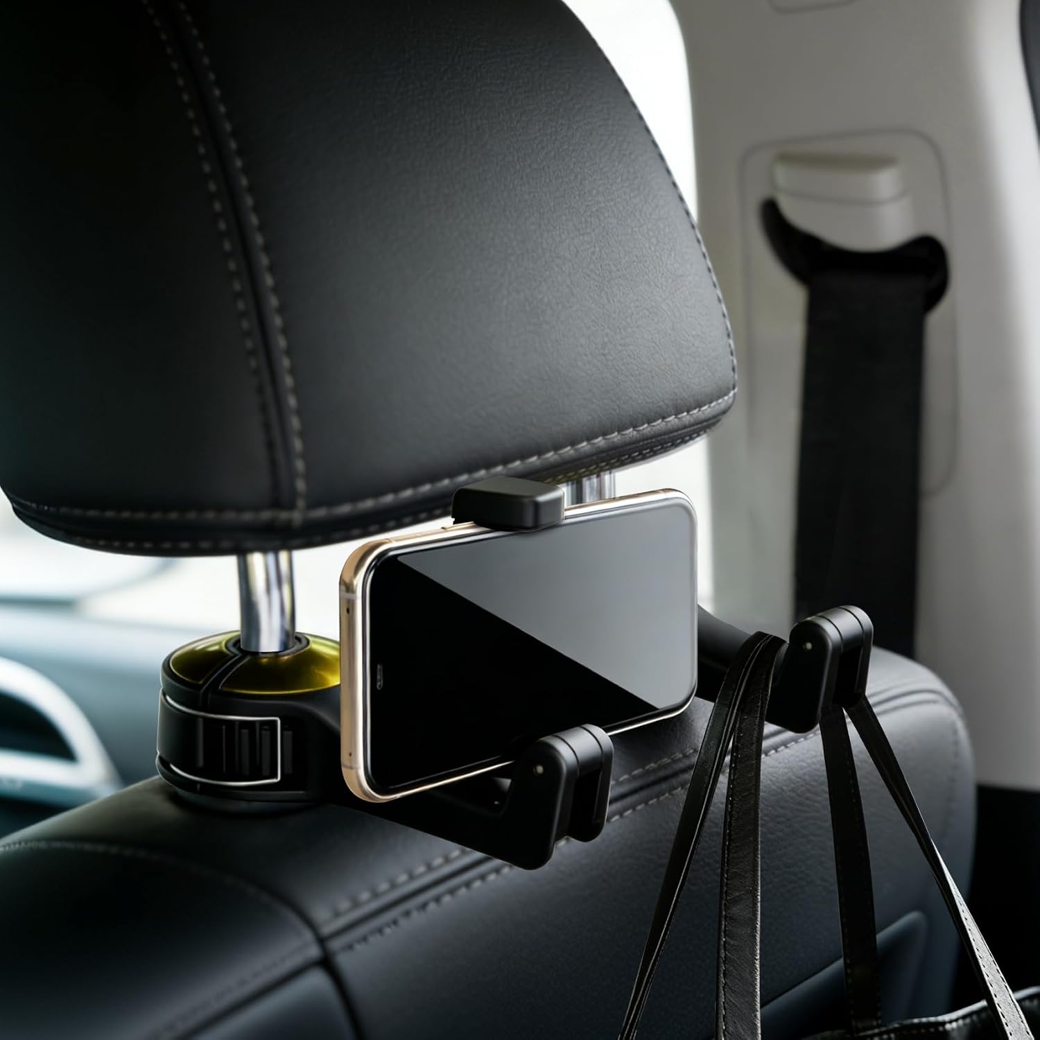 2PCS Car Headrest Hidden Hook, 2 in 1 Rear Headrest Hook with Phone Holder, 360° Rotation Storage Headrest Hanger, Universal Auto Organizer Hook for Purse Handbag Clothes Grocery (Gold)