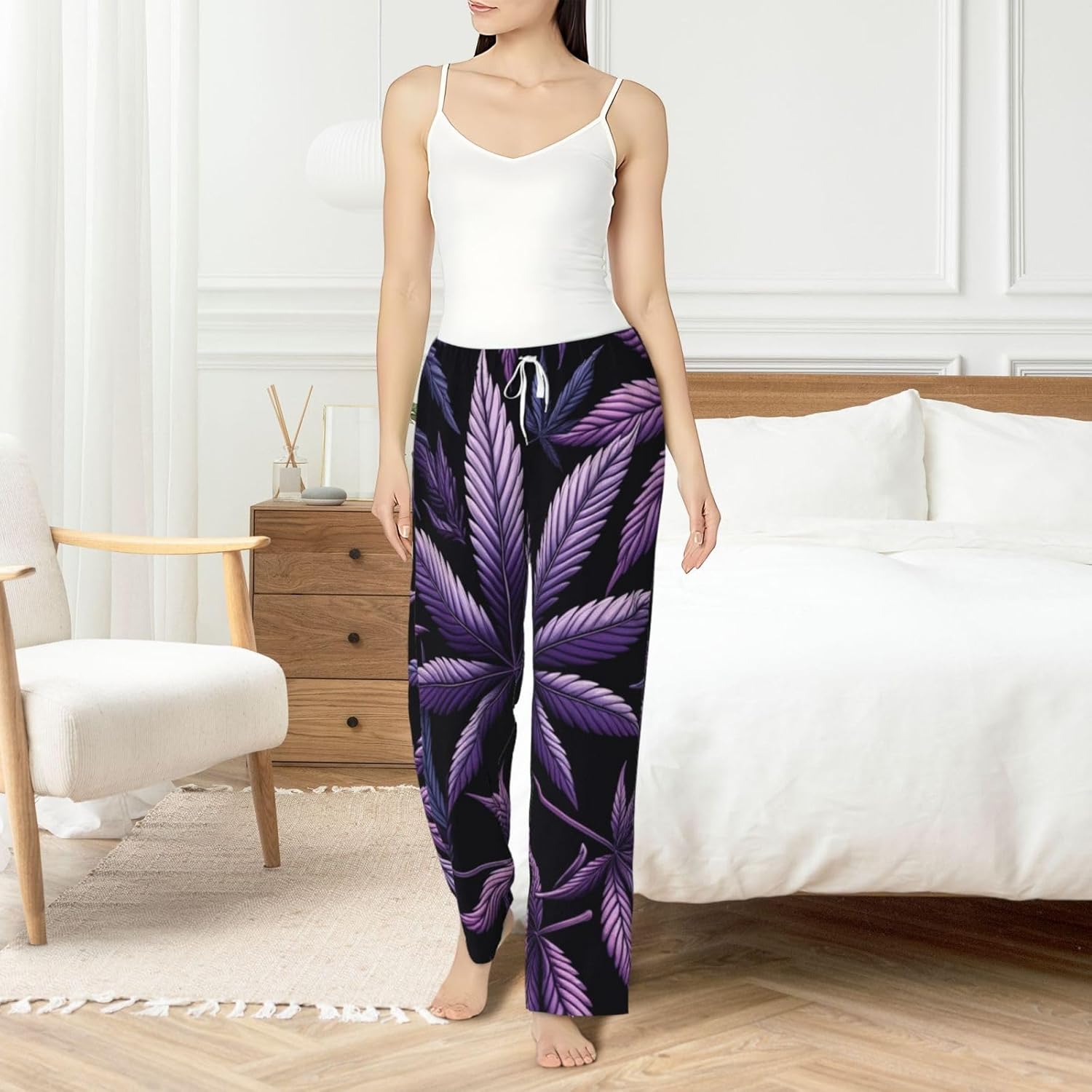 Women'S Weed-Leaf Fleece Pajama Pants, Cozy Flannel Lounge Bottoms For Women