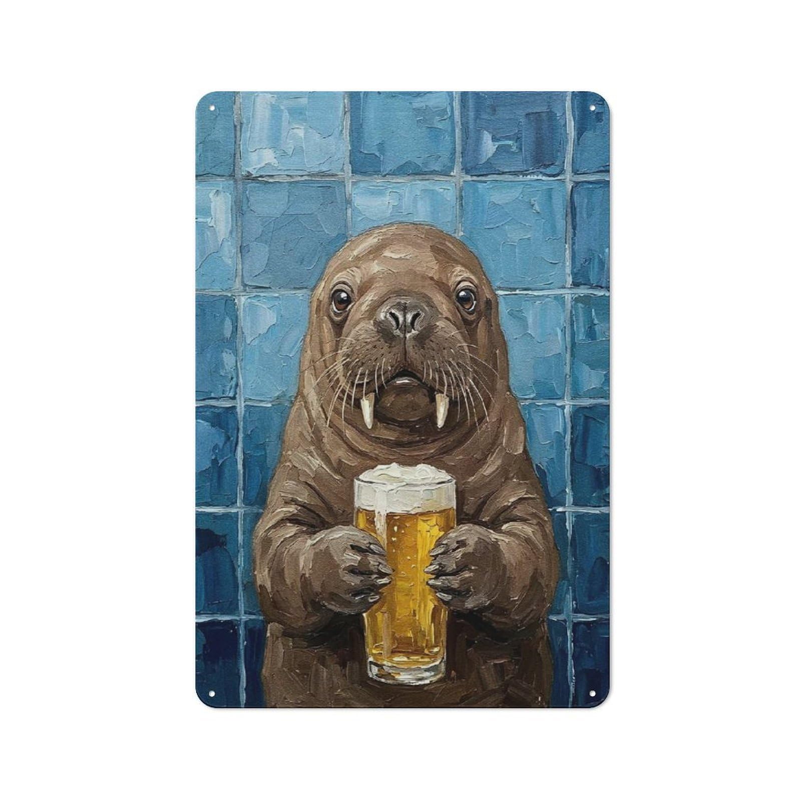 Junmoney Style-1 Classic Walrus With Beer Painting Metal Wall Sign 30X20cm, Pub Wall Decor For Diner, Restaurant, Shed Or Kitchen