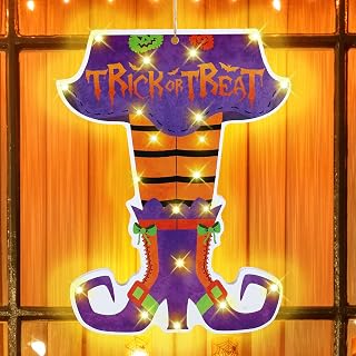 Lighted Halloween Window Silhouette Decorations Lights Witch Feet Holiday Displays Trick or Treat Window Decoration for Halloween Indoor Outdoor Holiday Party Decor, 16 x 13 Inch