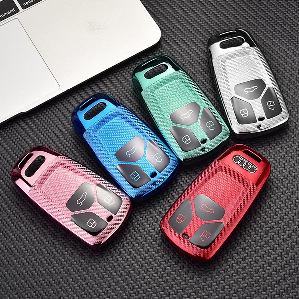 HIBEYO TPU Carbon Fiber Texture Car Key Fob Cover with Keychain fits for Audi A3 A4 A5 A6 A7 A8 B9 C8 D5 Q2 Q5 Q7 Rs4 Rs5 S4 S5 S8 Sq7 Tt Car Key Case Cover Smart Remote Car Key Holder 3 button Green