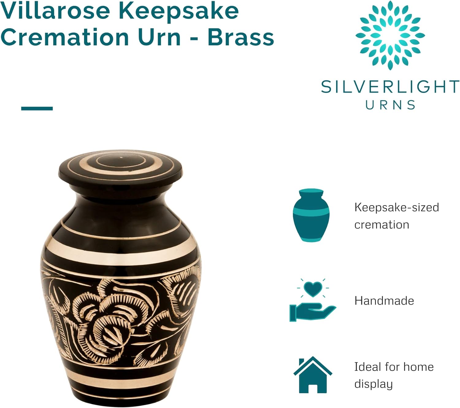 Villarose Keepsake Brass Cremation Urn, Black and Gold, Floral Pattern, 3 Inches High