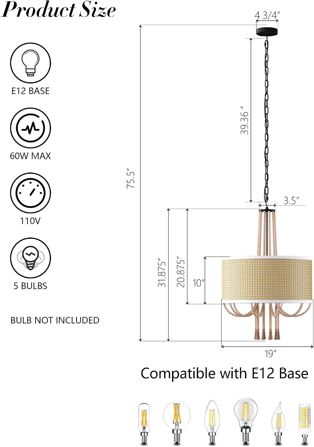 Round 19" Boho Rattan Chandelier, Rustic 5-Light E12 Bamboo Pendant Light with Wood Bead Tassel Decoration, Coastal Farmhouse Ceiling Light Fixture for Dining Room, Living Room, Bedroom, Kitchen