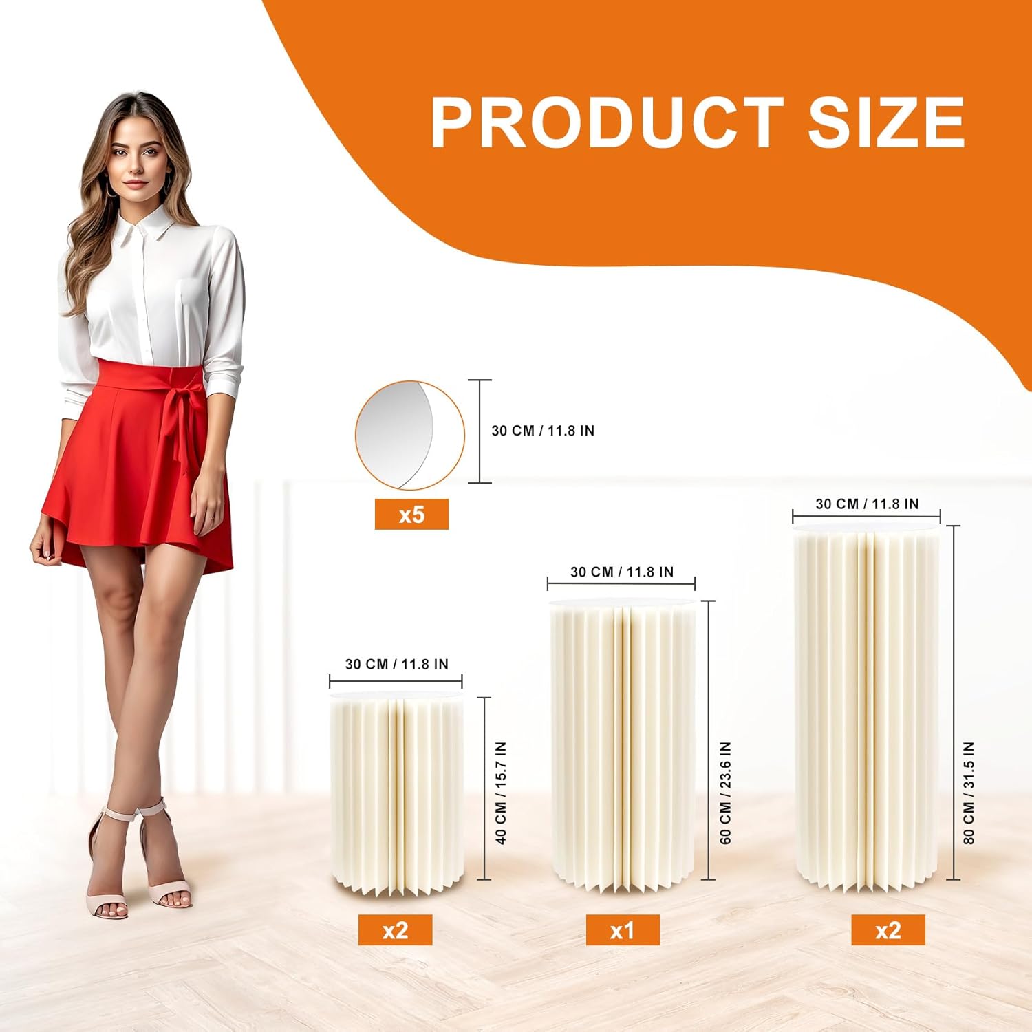 5 Pcs Foldable White Cylinder Stands for Party, 31.5", 23.6", 15.7" Height Portable Cake Pedestal Stand with Clear Acrylic Plate, Cake Cylinder Stand for Wedding Banquet Decor