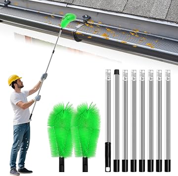 2 in 1 Gutter Cleaning Tools Gutter Cleaning Kit with 8 Extendable Rods 310cm /122 inch Telescopic Roof Gutter Cleaning Tools Kit for Leaves Debris Window Spider Web