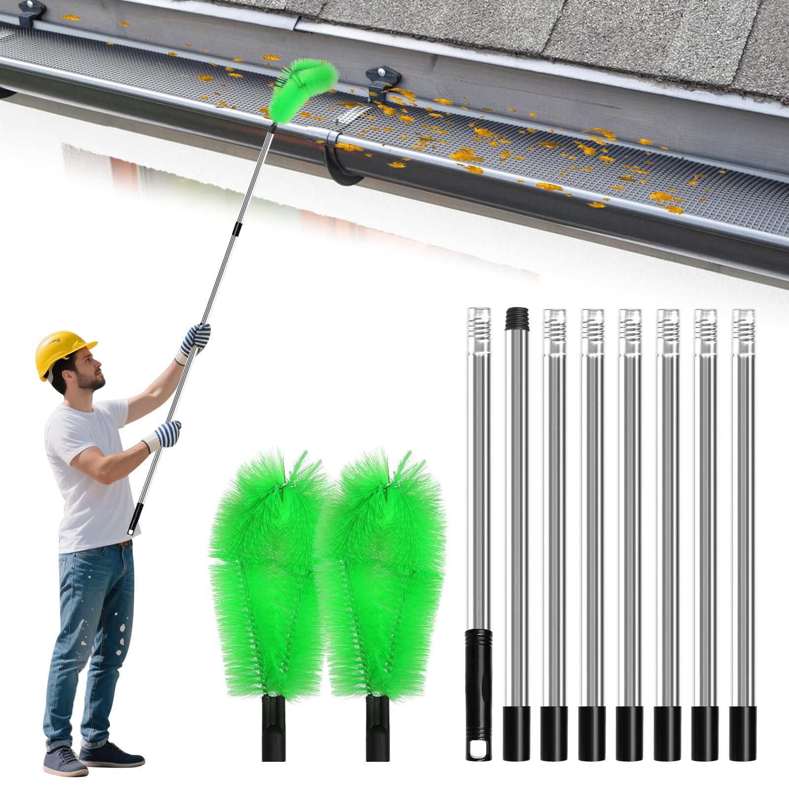 2 in 1 Gutter Cleaning Tools Gutter Cleaning Kit with 8 Extendable Rods 310cm /122 inch Telescopic Roof Gutter Cleaning Tools Kit for Leaves Debris Window Spider Web