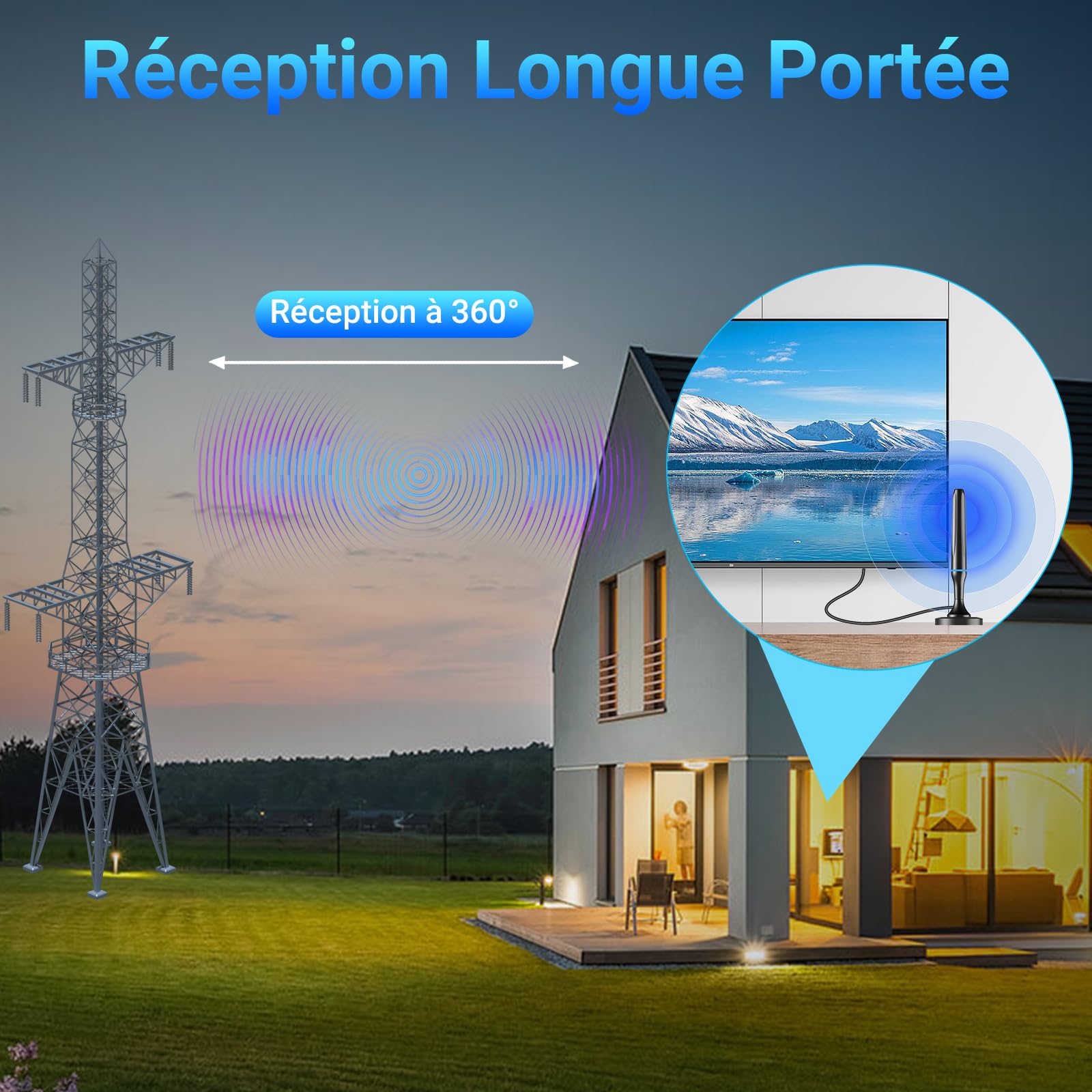 Antenne TV Intérieur Puissante TNT HD, 2026 Puissante Antenne TV Intérieur de Base magnétique puissante - 80km Réception Longue Portée à 360°, Compatible avec Portable 4K 1080P et Tous Les TVs (Bleu)