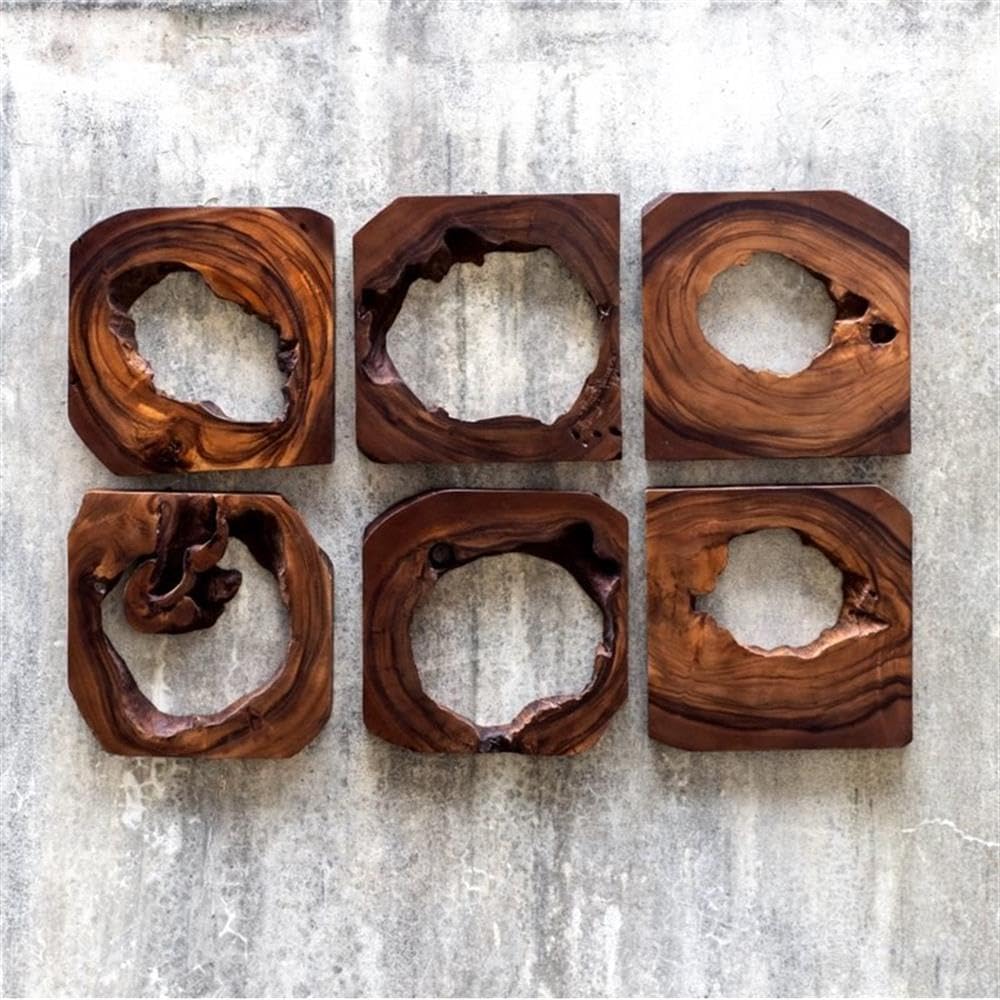 BOWERY HILL Modern Wood Wall Art, Set of 6, Suar Wood, Coffee Brown Finish, 12" x 12" x 1.5", Handcrafted Decorative Panels for Living Room or Bedroom
