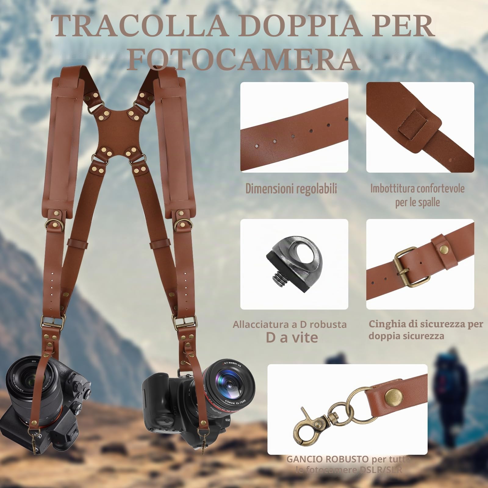 Tracolla per fotocamera 2 fotocamere, in pelle, per fotografi, con chiusura rapida, doppia cinghia per fotocamera, per DSLR e SLR, adatta per escursioni, matrimoni, il miglior regalo, marrone
