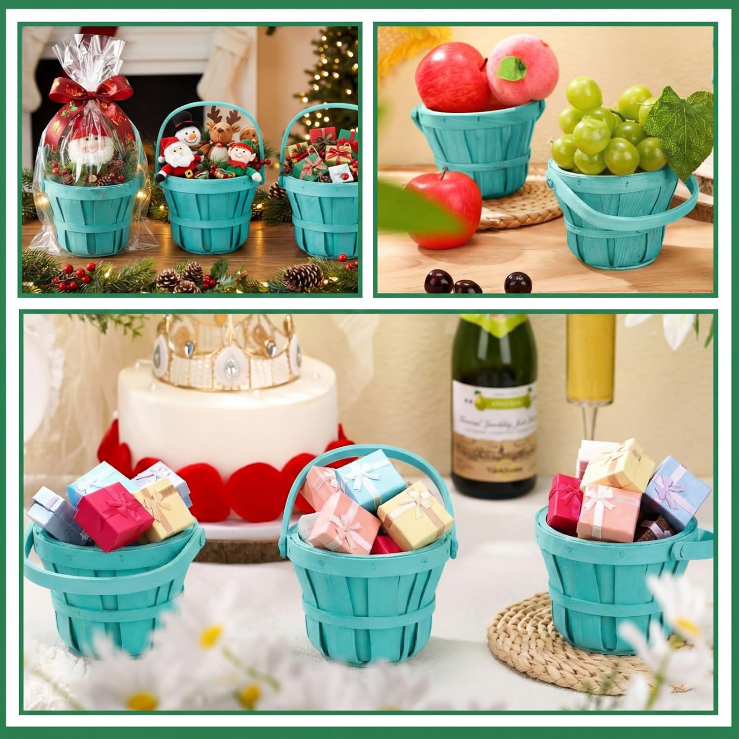 Marsui 10 Pcs Small Wooden Berry Baskets – 4 x 5.1 Inch Handcrafted Rustic Baskets with Reinforced Handles, for Fruit, Market, Crafts, Gifts, Garden Picking & Decor (Green)