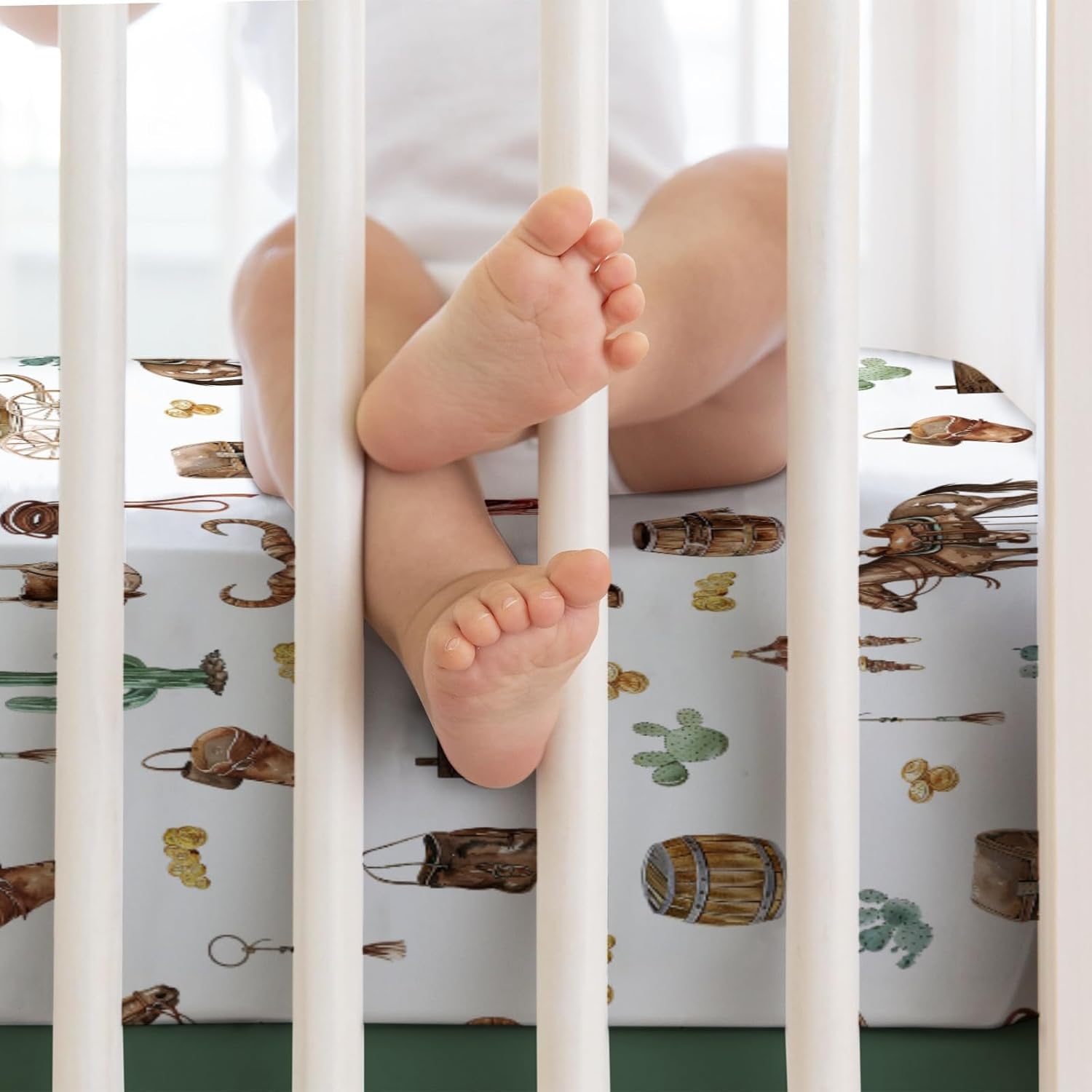 Western Cowboy Baby Crib Sheets 52''x28'' Cowboy Hat Boots Coins Cactus Goat Skull Horse Stretchy Fitted Crib Mattress Sheet for Boy Soft Baby Nursery Bed Sheets for Standard Crib Toddler Mattresses