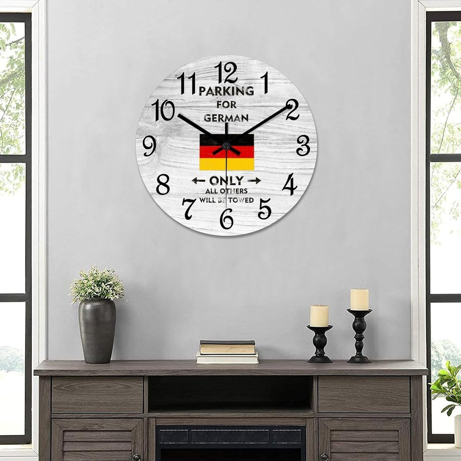 Parking for German Only All Others Will Be Towed Wooden Wall Clock Germany Flag Quiet Digital Round Wall Clock Wood Clock Stylish Wall Decor Home Decor Clock for Dining Room Farmhouse