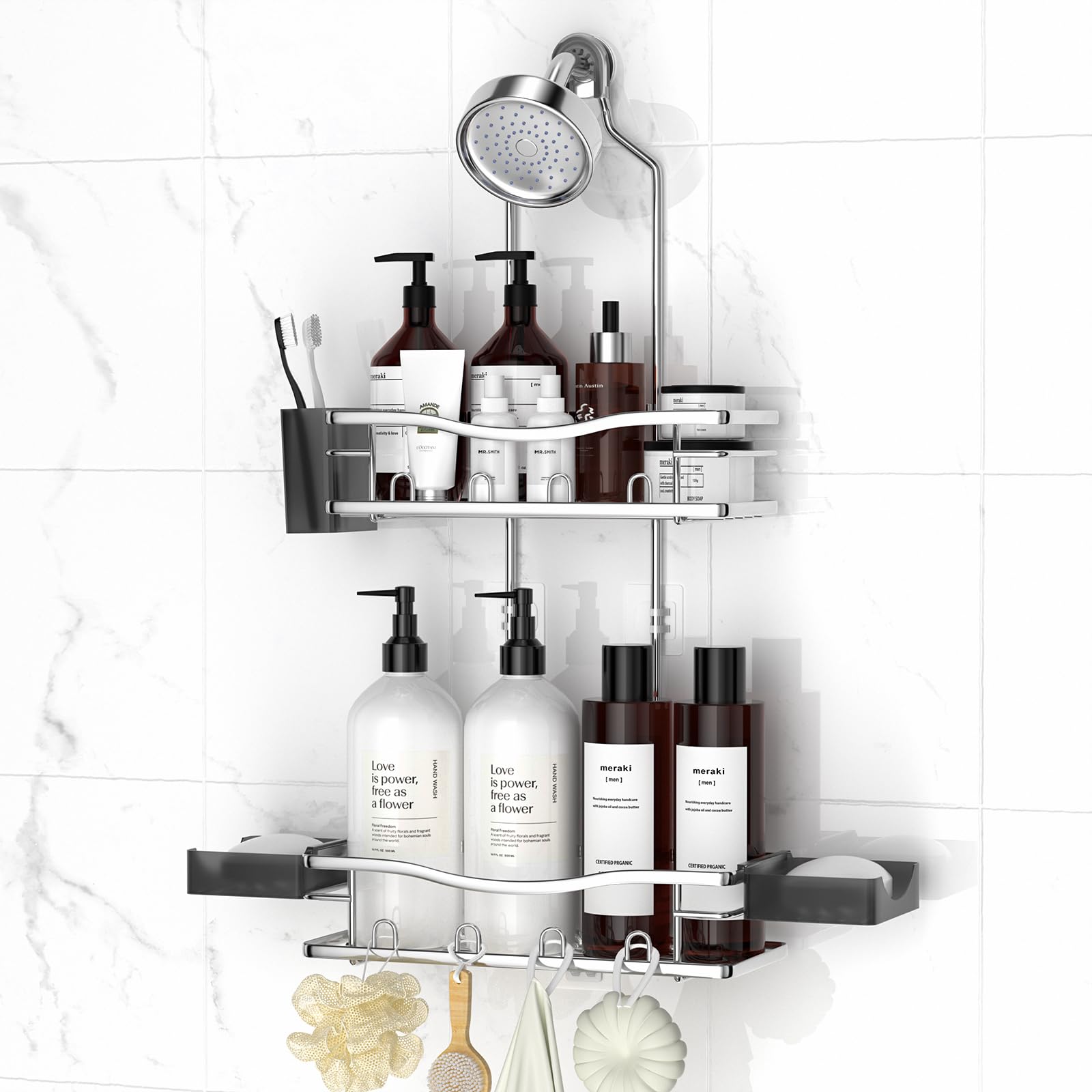 REINHARDT Shower Caddy Hanging, Rustproof Shower Caddy Anti-Swing Shower Organizer Over Showerhead No Drilling Shower Racks with Soap Holder Multi Hooks Bathroom Storage for Shampoo Sponge, Silver