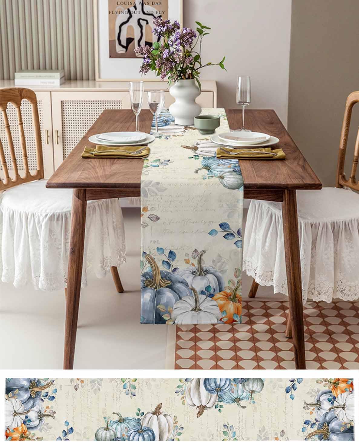 Fall Table Runner 13x120 Inches Long Thanksgiving Pumpkin Runner for Table Teal Blue Eucalyptus Leaves Table Runners Cotton Linen Dresser Scarf for Kitchen Coffee Dining Autumn Holiday Party Decor