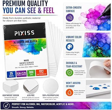 White Alcohol Ink Paper - 25 Sheets Pixiss Heavy Weight Art Paper for Alcohol Ink & Watercolor - Extra Smooth Synthetic Paper A4 8x12 inches, 300gsm