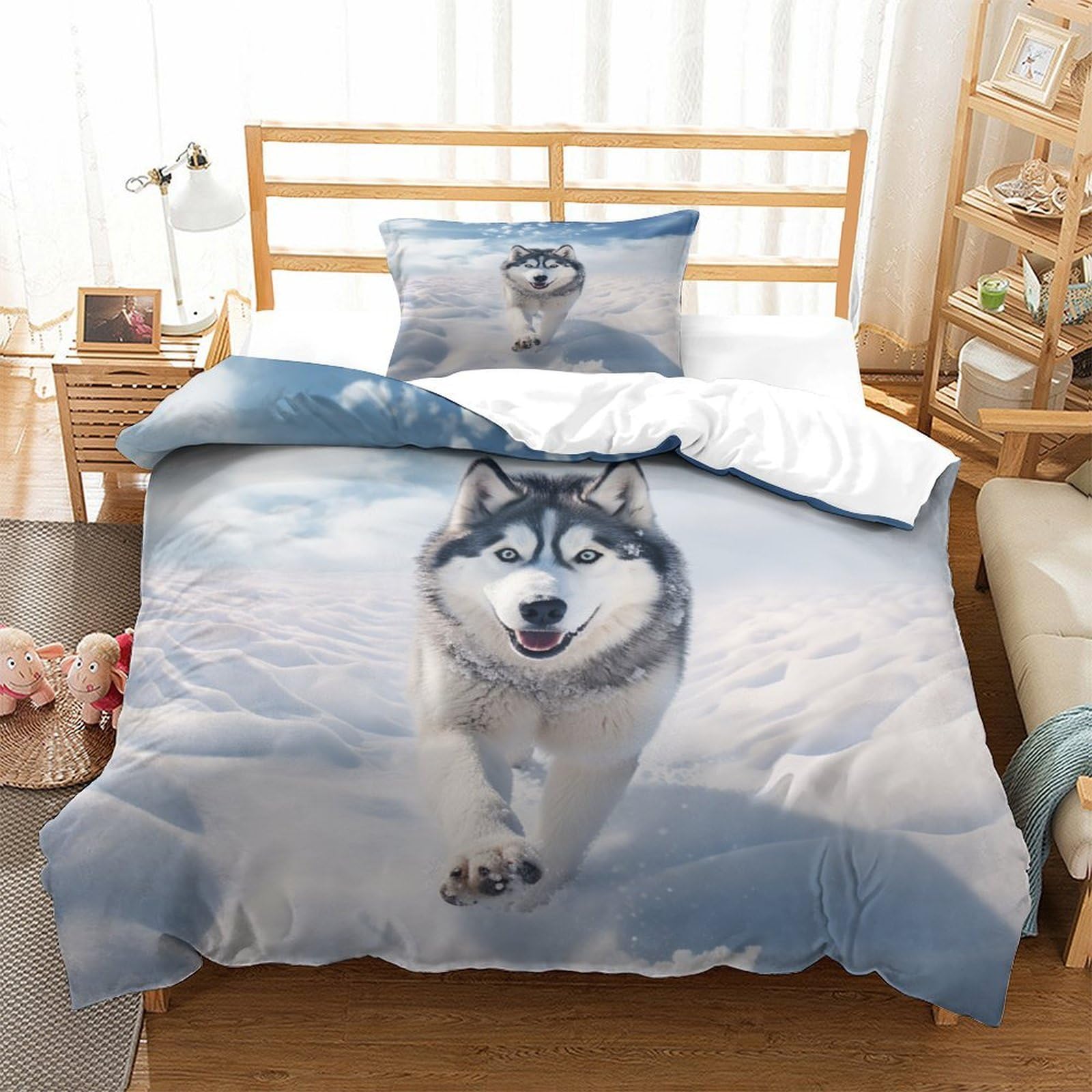 SkyClouf Husky Three-dimensional Printing Bedding Comforter Set Husky Bed Cover Ultra-fine Fiber Encased with Zipper Gentle And Washable Single（135x200cm）
