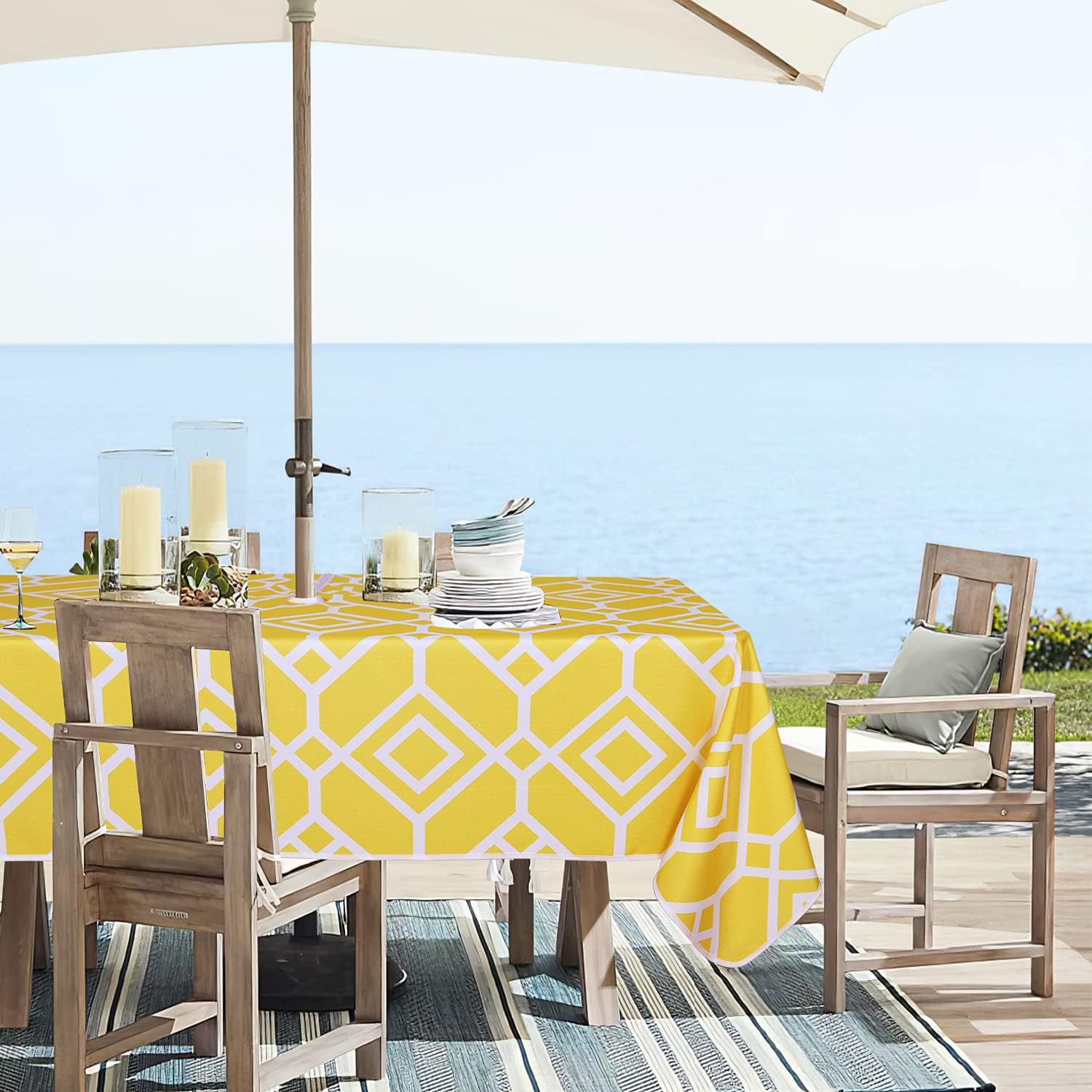 LUSHVIDA Moroccan Outdoor Tablecloth with Umbrella Hole and Zipper, 60 x 84 Inch Yellow, Rectangle Waterproof Wrinkle Free Table Cloth Decorative Fabric Washable Table Cover for Patio, Party, Picnic
