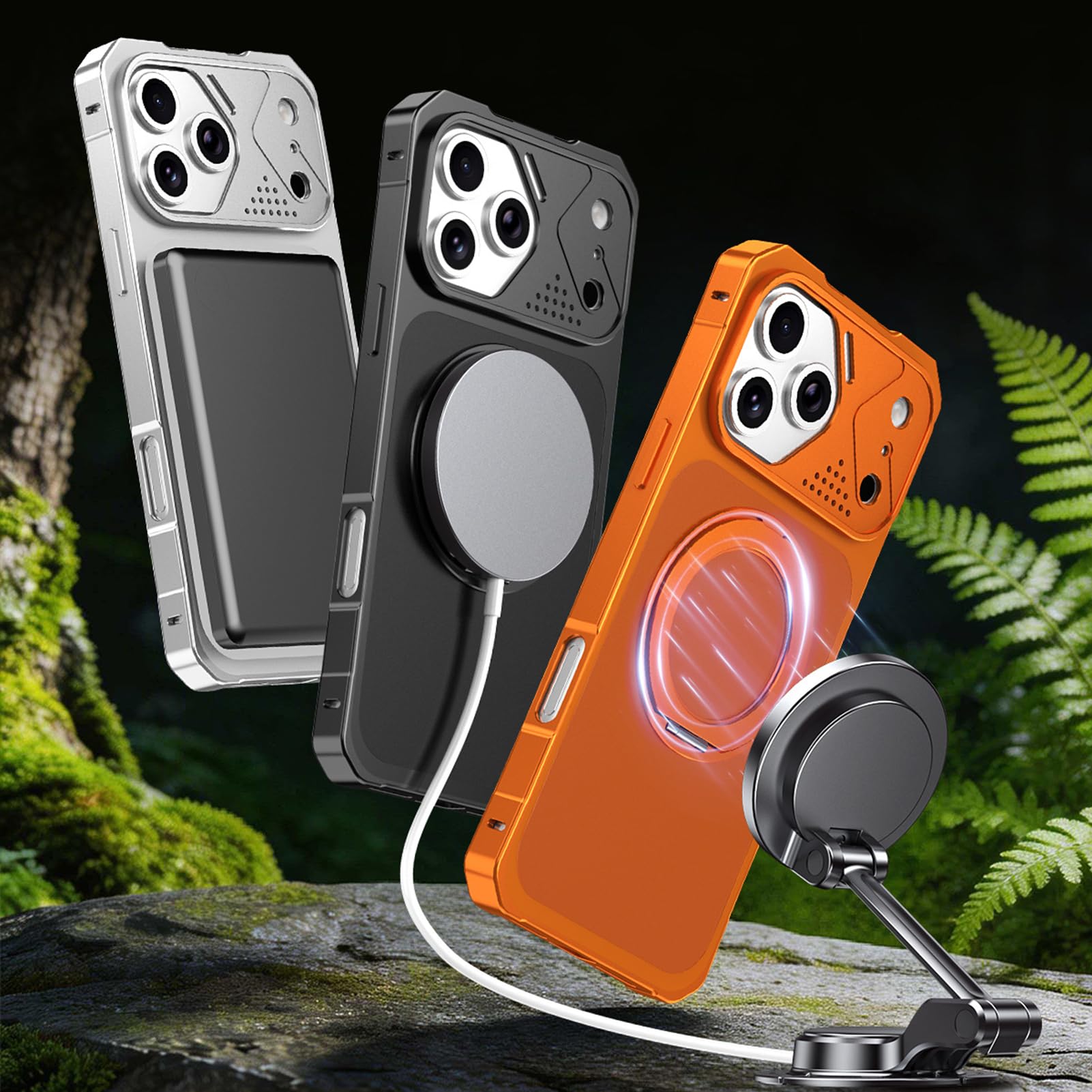 Generico Custodia Sottile For IPhone 17/17Air/17Pro/17Pro Max, Guscio Di Protezione Della Lente Con Anello Regolabile, Copertura Antiurto Magnetica Con Paraurti In Metallo(Orange,17)