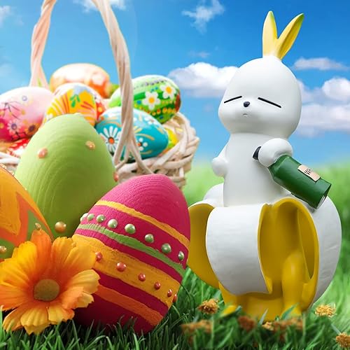 Miniatura 3 de Lhocm Adornos de figuras de conejo para decoración de jardín, 8.3 pulgadas, resina creativa, conejo, plátano, conejo, gnomos de jardín para