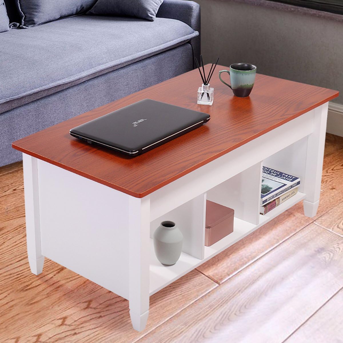 LAZYMOON Lift Top Coffee Table Laptop Desk Storage Compartment Solid Wood Home Furniture
