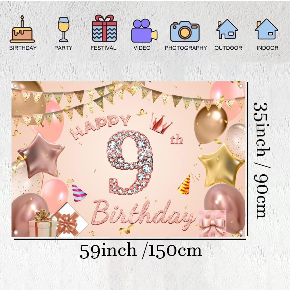 9e Verjaardag Decoratie Meisje - Banner Roségoud Happy 9 Birthday Stoffen Bord Poster 9e Verjaardag Decoratie Meisje - Banner Roségoud Happy 9 Birthday Stoffen Bord Poster