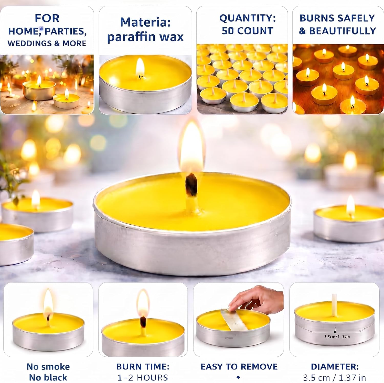 50 Pack Mini Tealight Candles, Yellow Tea Lights, 1.38 x 0.39 in