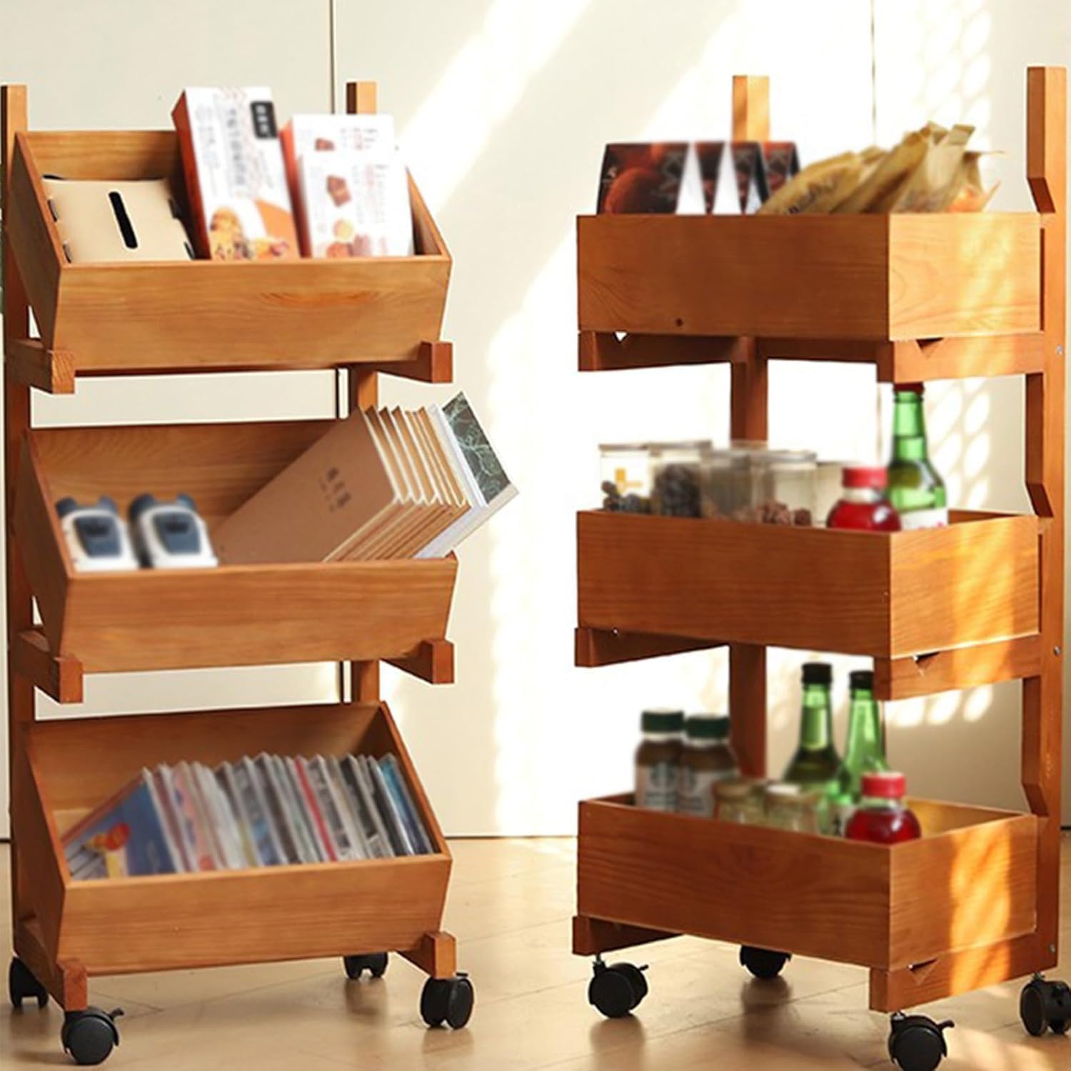 3-Tier Wooden Basket Stand, Stylish Open Display Shelf for Bathroom, Living Room & Kitchen, Versatile Storage Rack for Fruits & Decor (Walnut Finish) Natural 2-Tier