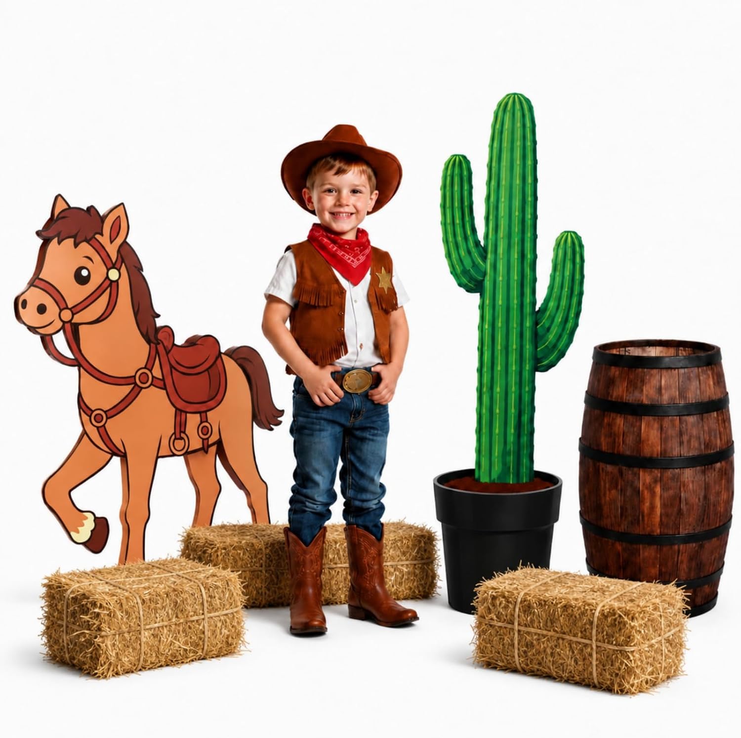 Gerrii 3 Pcs Large Western Party Decorations, 38 Inch Cowboy Birthday Party Decorations, Toy-Inspired Cardboard Cutouts Props, Wild West Themed Standups with Cactus Barrels Pony for Photo Booth