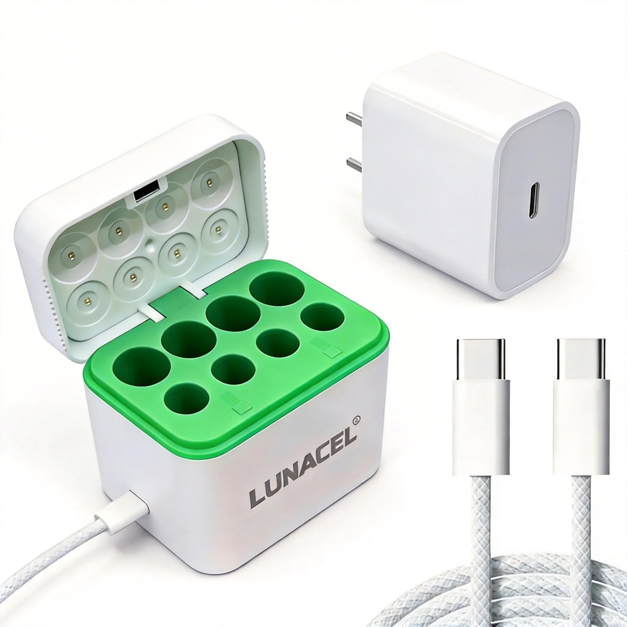 LUNACEL® AA AAA Charger — 8‑Slot USB‑C Hybrid Wireless Fast Charger for All Type of 1.2V Ni‑MH & Ni‑Cd Rechargeable Batteries (4 AA + 4 AAA) | 120‑Min Rapid Charge | 3‑Year Warranty | New Launch 2026