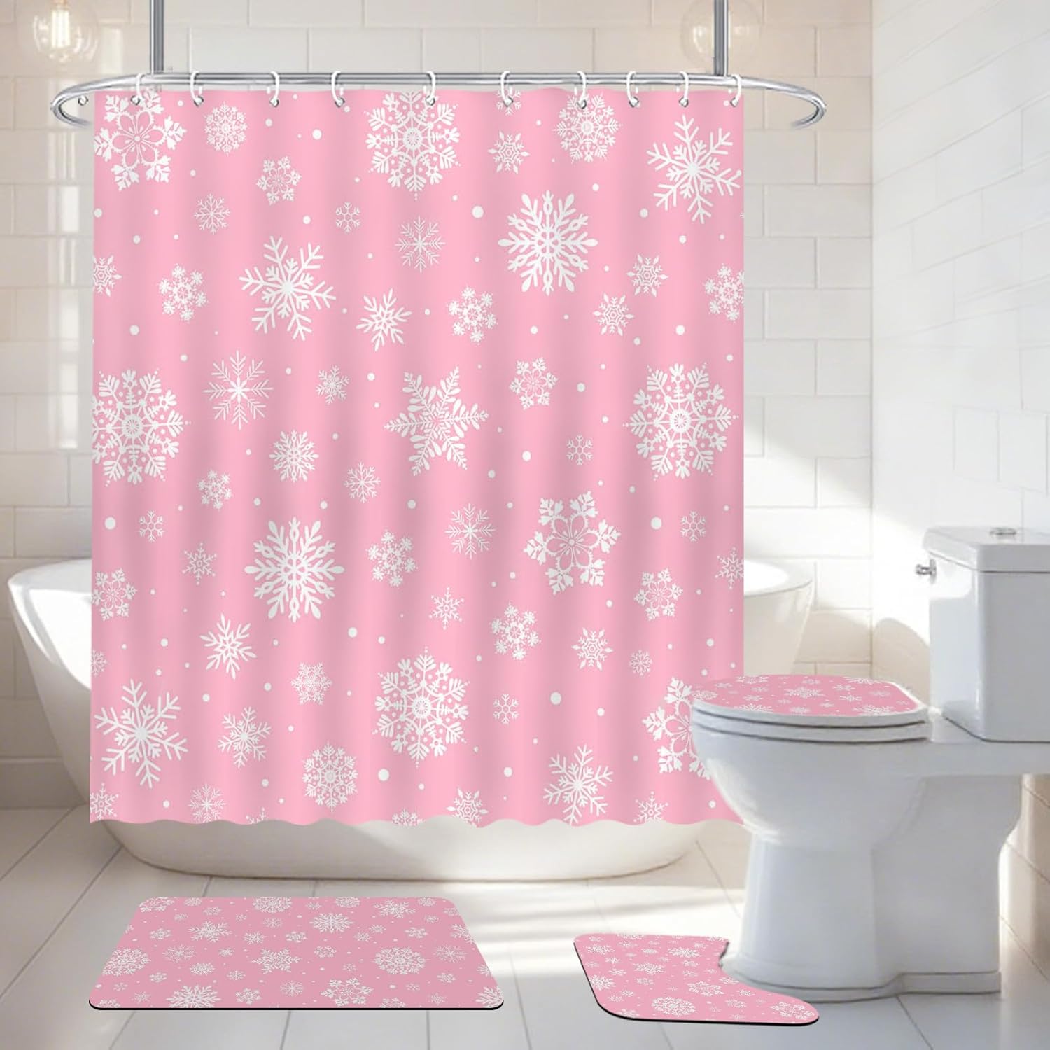 Mocsicka Christmas Snowflake Shower Curtain Set for Bathroom, 4Pcs Winter Snowflake Bathroom Sets with Non Slip Rugs, Toilet Lid Cover, Bath Mat, Shower Curtain, Bathroom Decor with 12 Hooks (Pink)