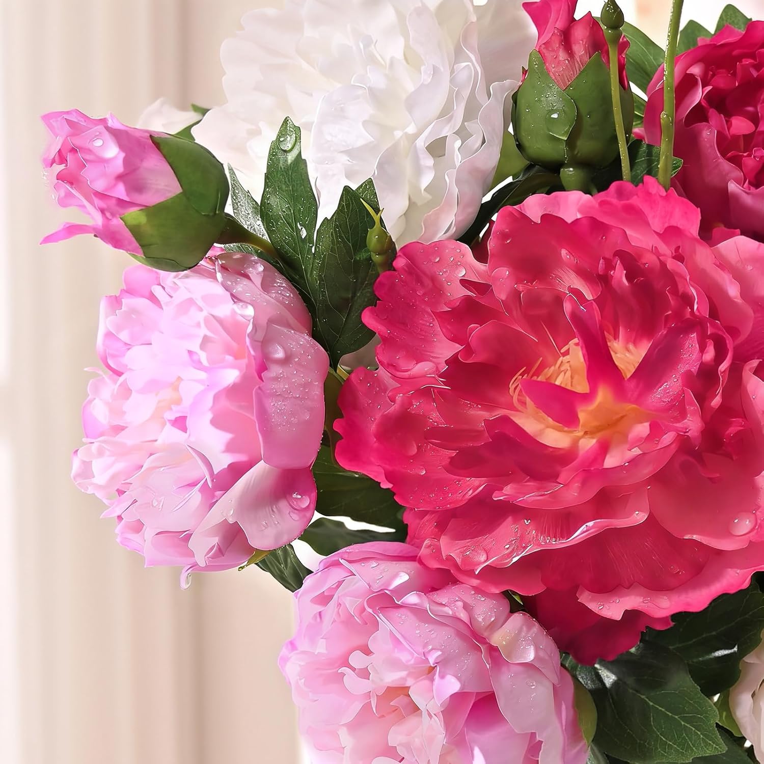 Yastouay 5 Bouquets Peonies Artificial Flowers with 22'' Long Stems, Latex Real Touch Faux Peony Flowers, Fake Peonies Bouquet for Table Centerpiece, Vases Home Wedding Party Decor (Red/White/Fuchsia)