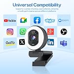 4K Webcam avec Ring Light Web Cam 4K Autofocus avec TOF Caméra d'ordinateur 1080P 60FPS Caméra Web Couverture de confidentialité intégrée et caméras Web en streaming pour commutateur 2/Zoom/Skype/Google Rencontrez le noir