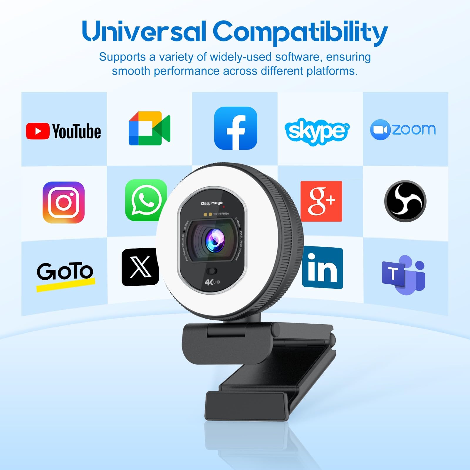 Webcam 4K con anello luminoso Web Cam 4K autofocus con TOF Computer Camera 1080P 60FPS Web Camera Copertura privacy integrata e microfono Streaming Webcam per Switch 2/Zoom/Skype/Google Meet Nero